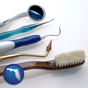 a toothbrush, dental picks, and a mouth mirror - with Florida icon