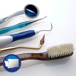 a toothbrush, dental picks, and a mouth mirror - with Washington icon